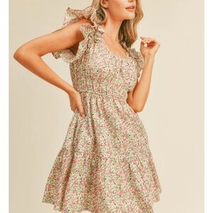 & Merci Boutique Pink Green Ivory Floral Flutter Sleeve Ruffle Dress Large NEW